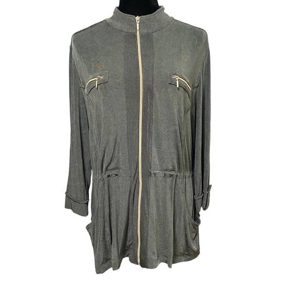 Chico’s Travelers Olive Slinky Knit Zip Jacket Drawstring Waist Size 2 Large - Picture 1 of 7